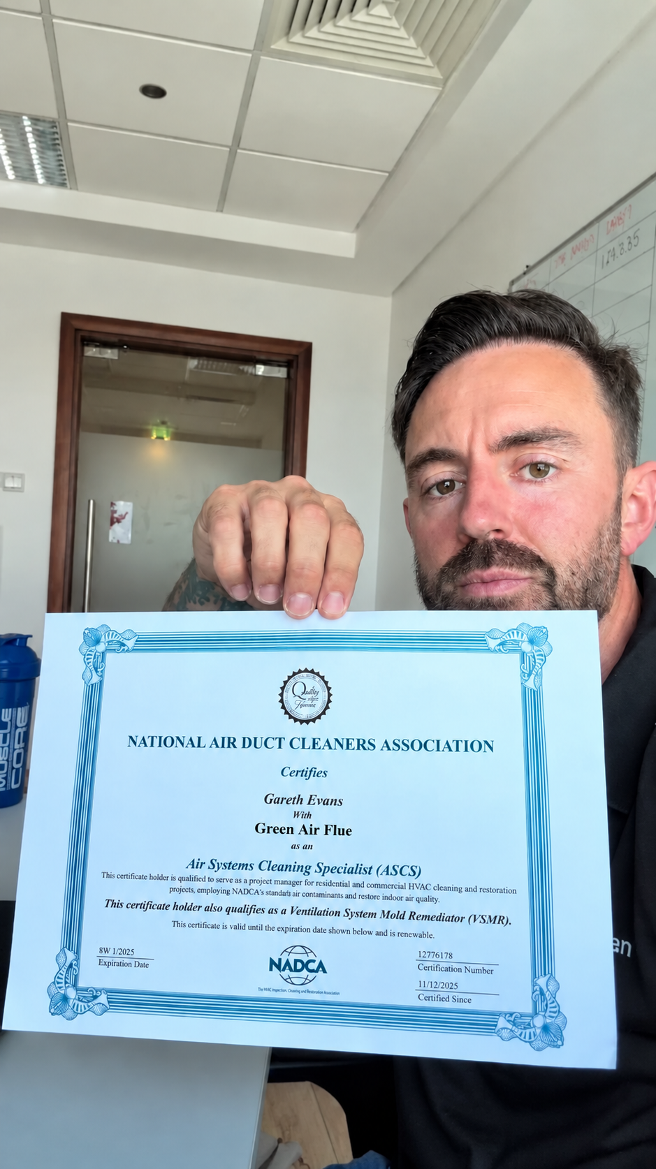 NADCA Air Systems Cleaning Specialist certificate with Green Air Flue technician